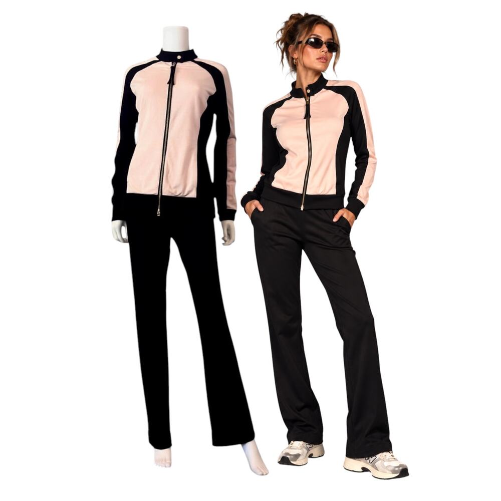 Y2K Neiman Marcus Track Suit Set Size M Pink Black Jacket Flare Pants Barbiecore